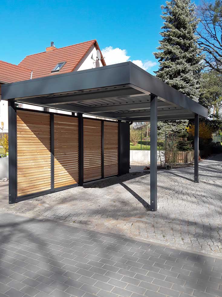 Siebau Flachdach-Carport bietet ein hervorragendes Preis-/Leistungsverhältnis. Einzelcarport, Doppelcarport oder Reihencarport.