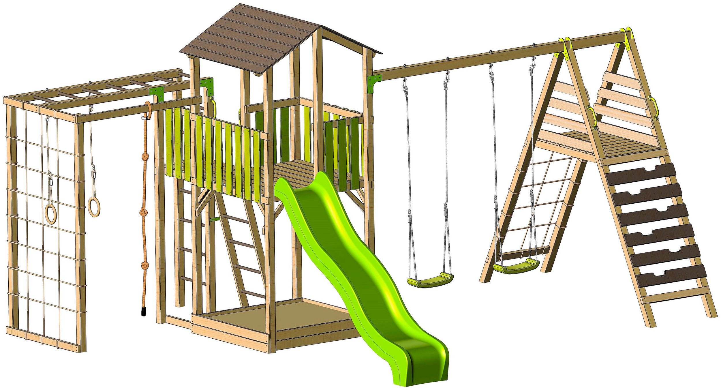 Klettergerüst Dino Doppelschaukel mit Klettertreppe. Klettergerüst mit Turnringen, Kletterseil und -netz auf der einen Seite