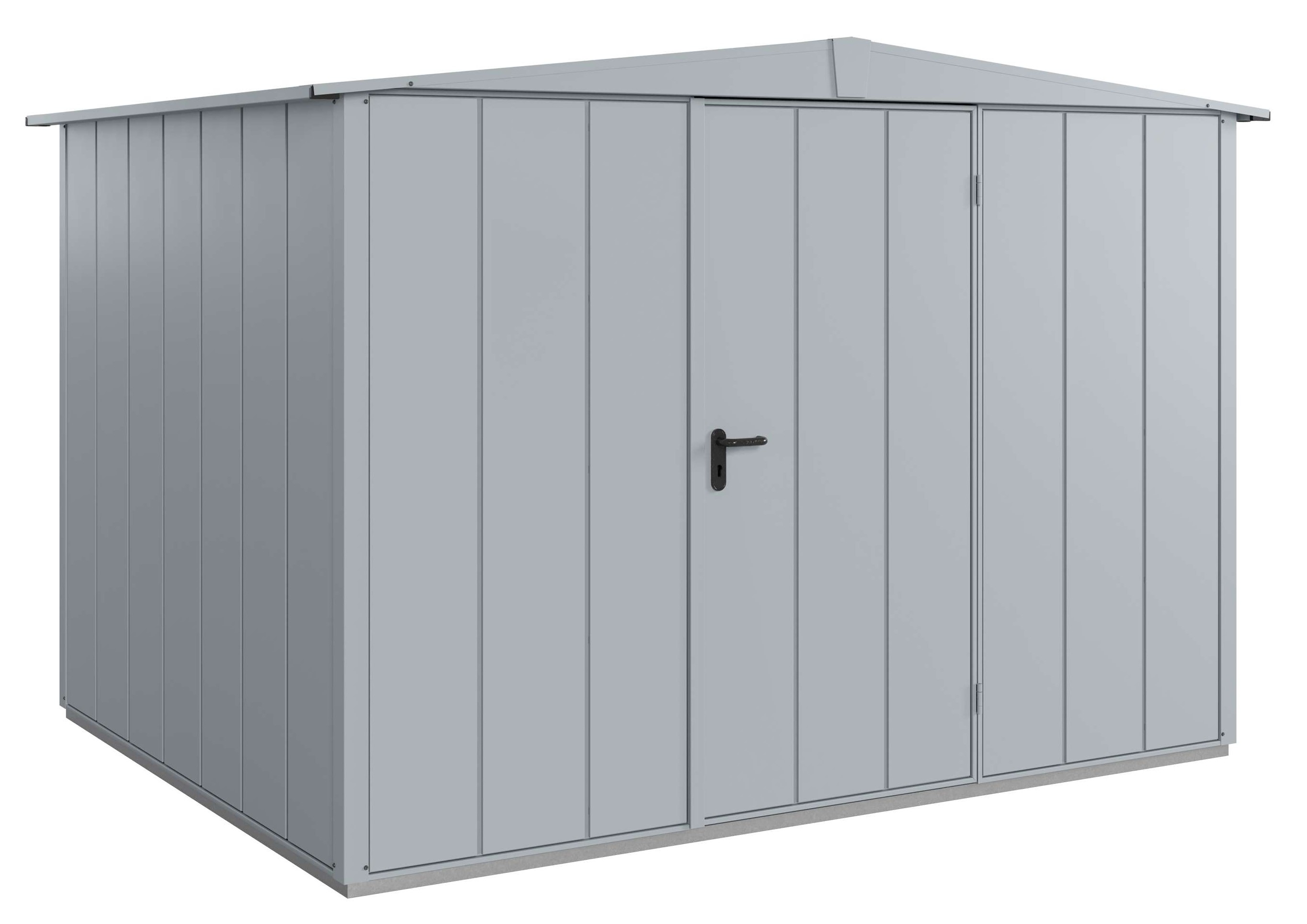 Hörmann Gerätehaus Modern-S_1flg_Typ3_RAL7040 Berry-Gerätehaus Modern Typ3 Satteldach RAL 9006 Weißaluminium